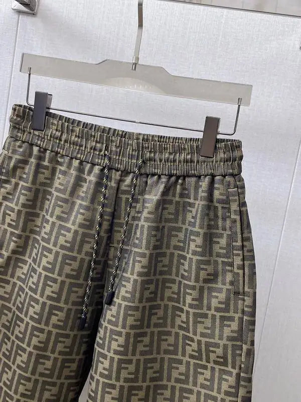 Fendi Men Olive Green FF Logo Print Elastic Waist Casual Shorts
