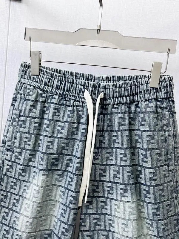 Fendi Men's Gradient Gray FF Logo Patterned Drawstring Shorts
