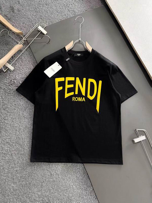 Elegant Fendi Roma White/Black T - Shirt With Bold Yellow Branding For Fashion Lovers