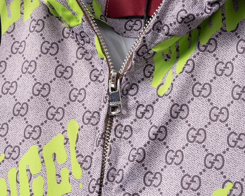 Gucci Hooded Jacket With Neon Logo And GG Pattern