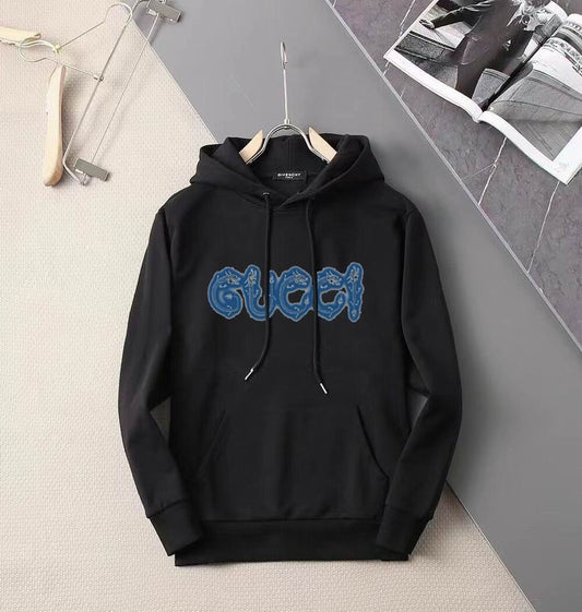 Gucci White/Black Hoodie With Unique Blue Patterned Logo for Trendy Casual Looks