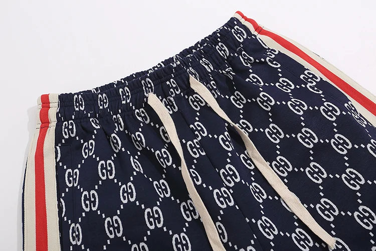 Gucci Men's Navy Blue GG Print Shorts with Web Stripe Details