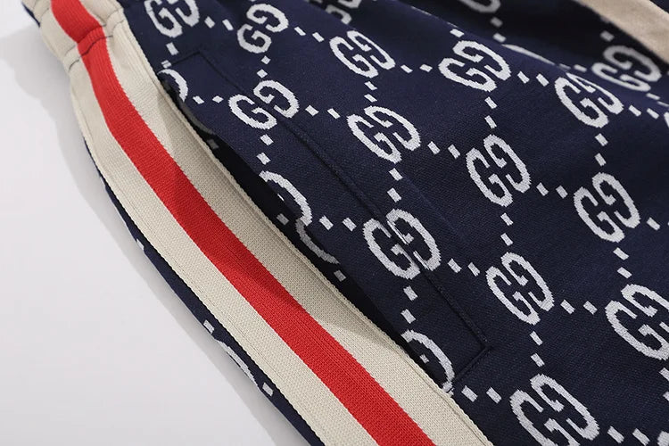 Gucci Men's Navy Blue GG Print Shorts with Web Stripe Details
