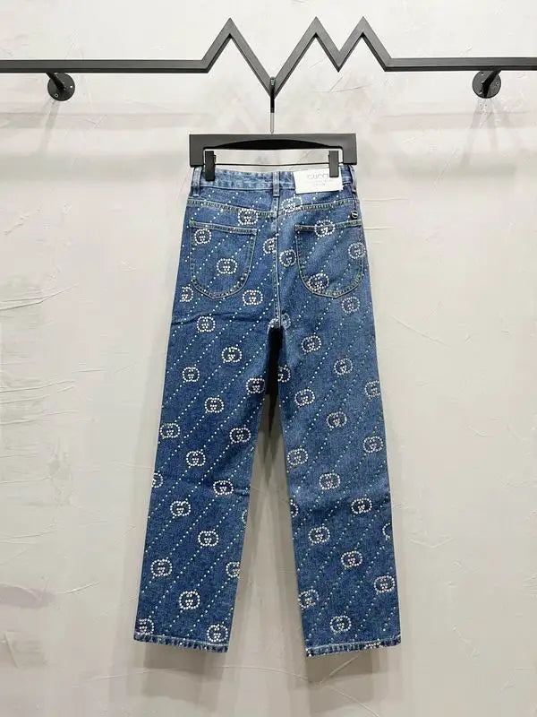 Gucci Blue Denim Jeans With Crystal GG Pattern