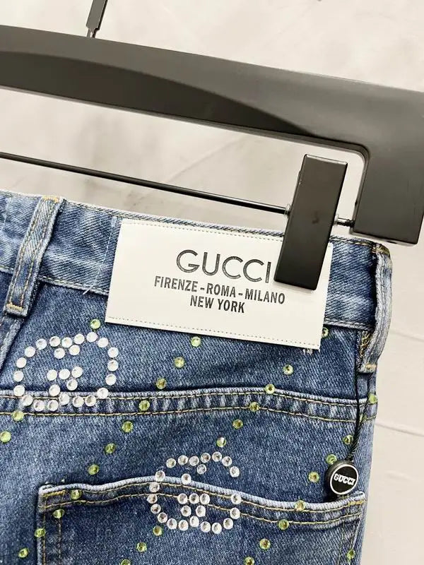 Gucci Blue Denim Jeans With Crystal GG Pattern