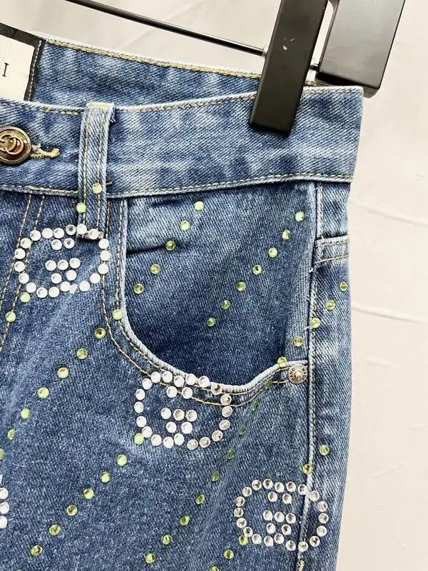 Gucci Blue Denim Jeans With Crystal GG Pattern