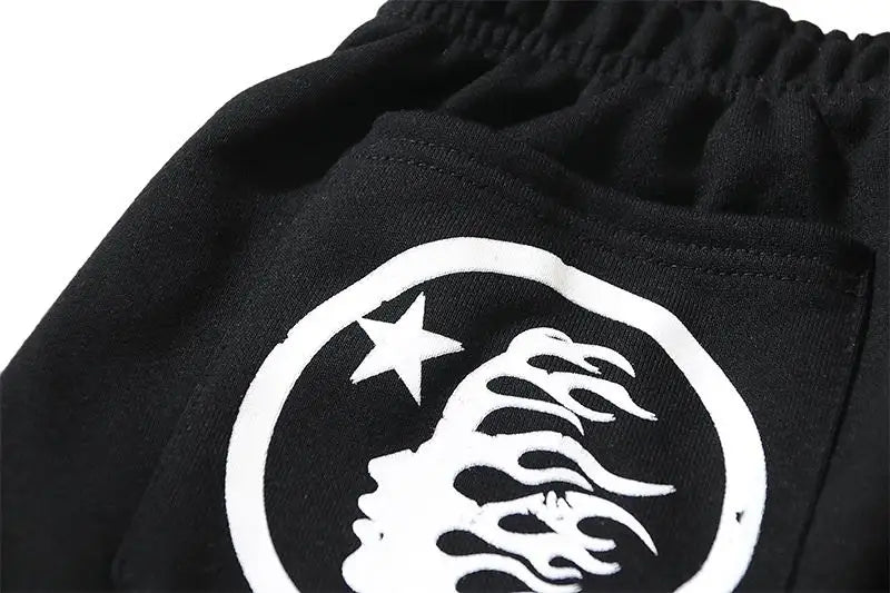 Hellstar Men's Black Drawstring Shorts with White Flame Graphics