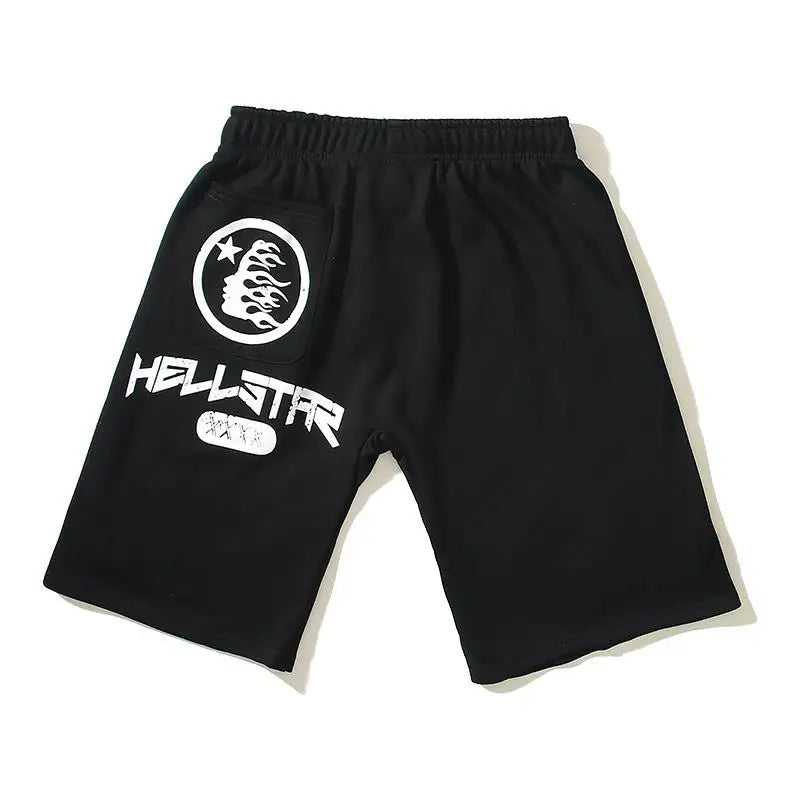 Hellstar Men's Black Drawstring Shorts with White Flame Graphics