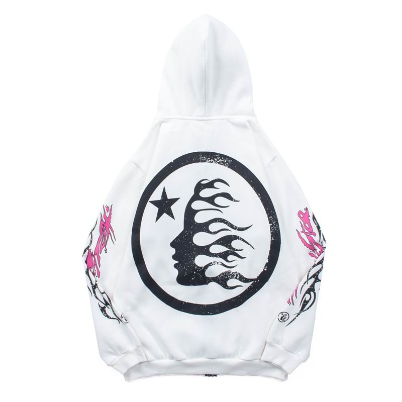 White Hooded Zip - Up Jacket With Hellstar Graphic And Flame Details