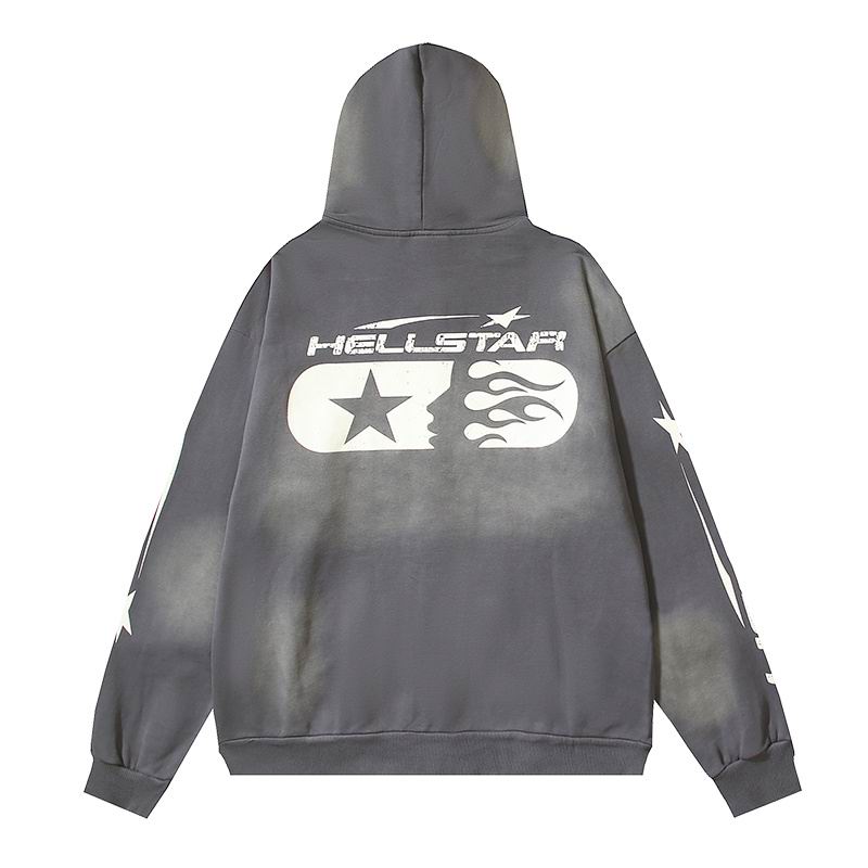 Dark Gray Hooded Jacket With Hellstar Star And Flame Prints