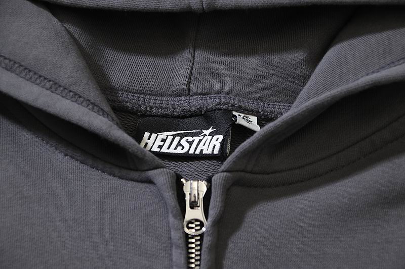 Dark Gray Hooded Jacket With Hellstar Star And Flame Prints