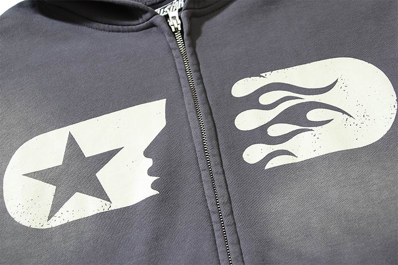 Dark Gray Hooded Jacket With Hellstar Star And Flame Prints
