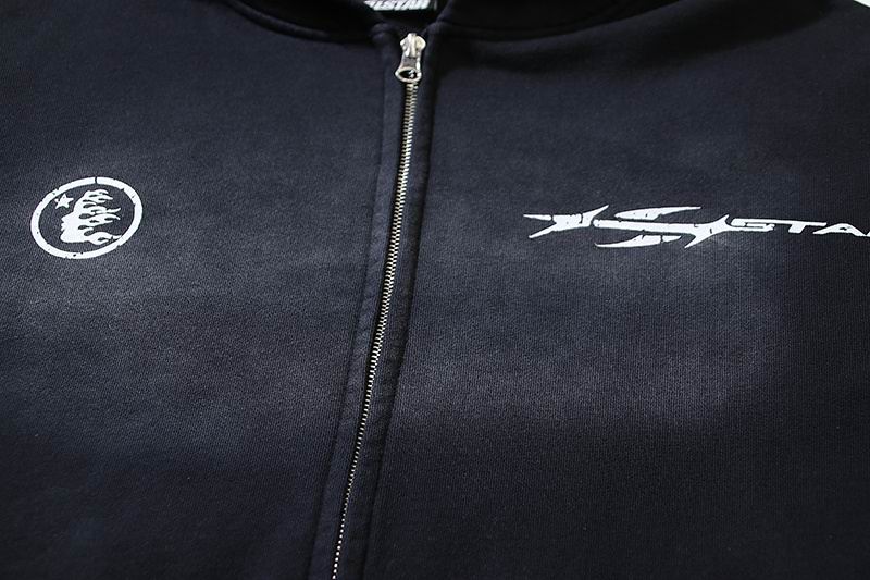 Black Hooded Zip - Up Jacket With Hellstar Graphics And Details