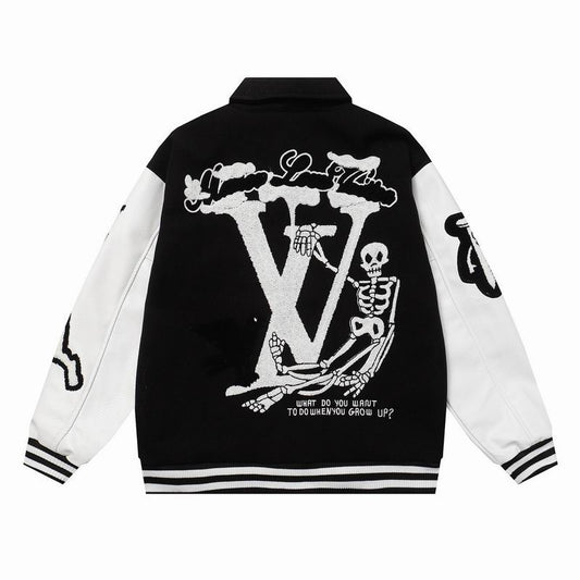 Louis Vuitton Black And White Varsity Jacket With Patches And Embroidery
