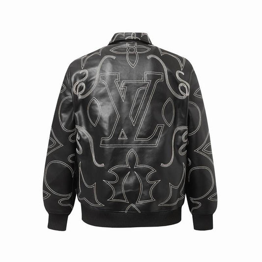 Louis Vuitton Black Leather Jacket With White Stitched Monogram Patterns