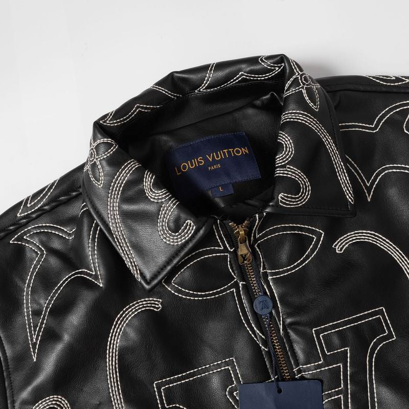 Louis Vuitton Black Leather Jacket With White Stitched Monogram Patterns