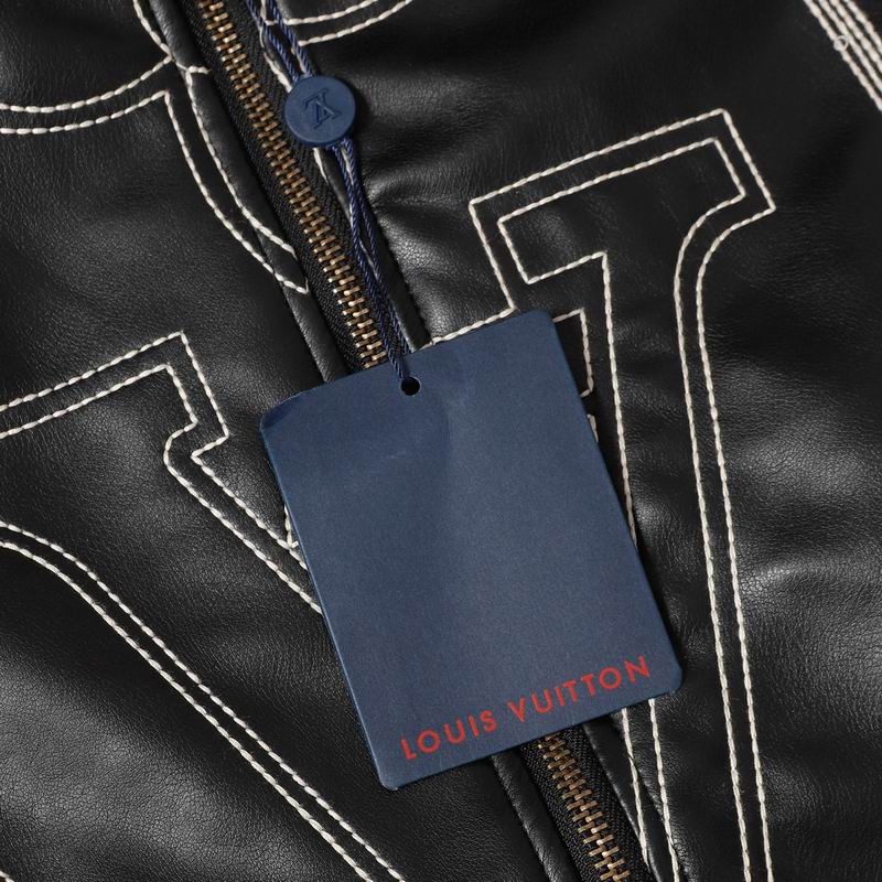 Louis Vuitton Black Leather Jacket With White Stitched Monogram Patterns
