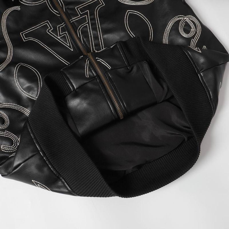 Louis Vuitton Black Leather Jacket With White Stitched Monogram Patterns