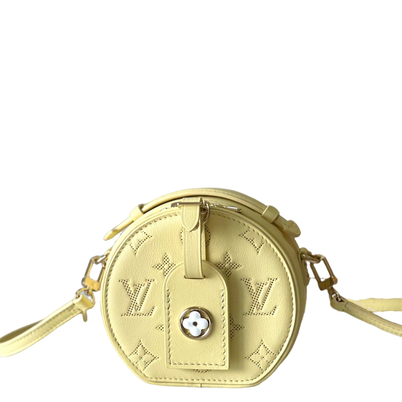 Chic Yellow LV Embossed Round Crossbody Bag With Adjustable Strap And Signature Details