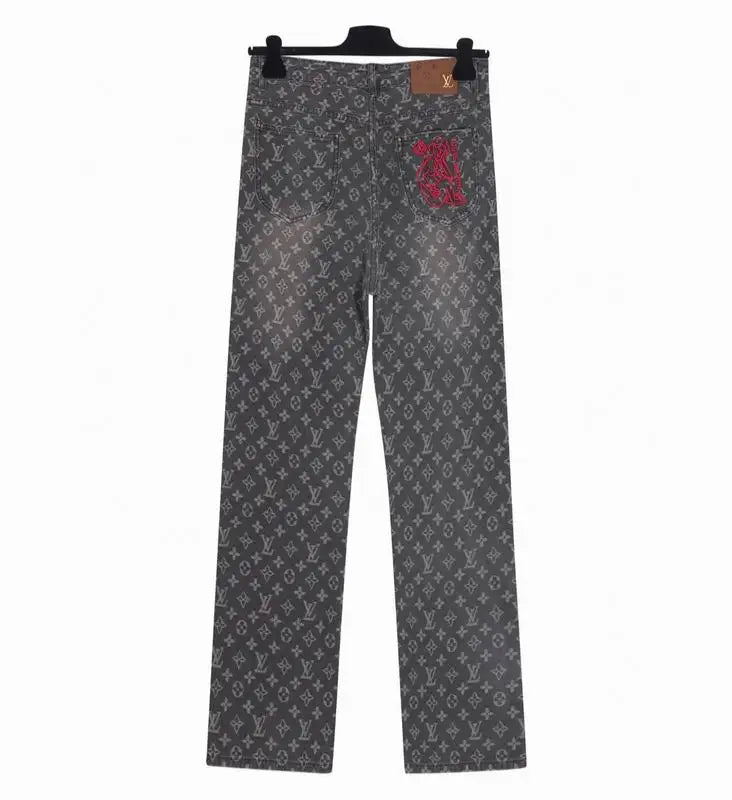 Louis Vuitton Men's Grey Monogram Denim Jeans With Distressed Details