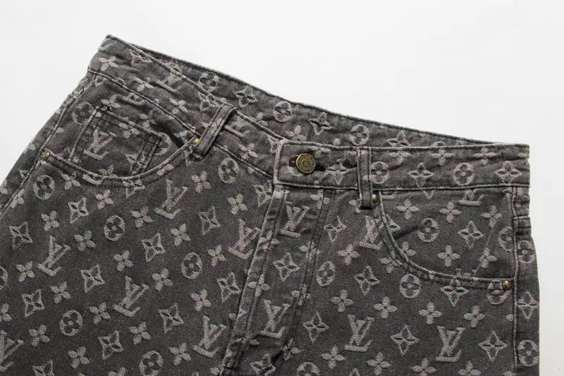Louis Vuitton Men's Grey Monogram Denim Jeans With Distressed Details