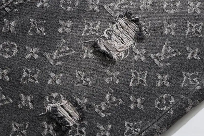 Louis Vuitton Men's Grey Monogram Denim Jeans With Distressed Details