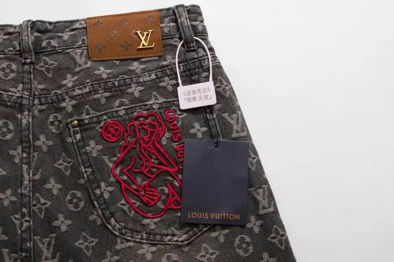 Louis Vuitton Men's Grey Monogram Denim Jeans With Distressed Details