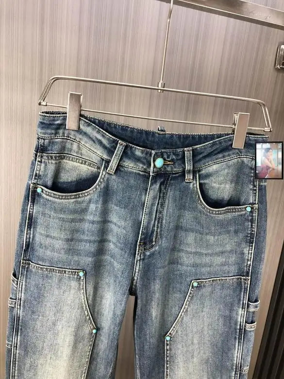Louis Vuitton Men's Light Blue Denim Cargo Jeans With Functional Pockets