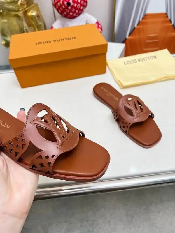 Louis Vuitton Brown Leather Cut - Out Slides For Women
