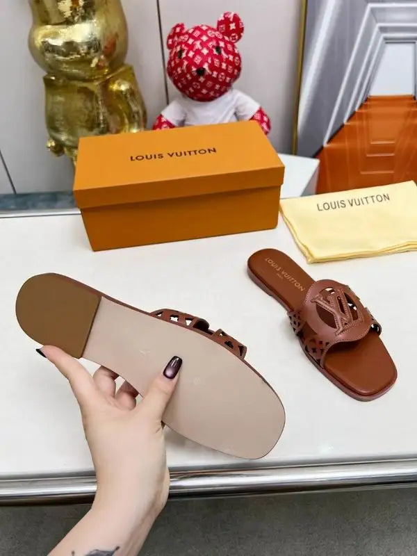 Louis Vuitton Brown Leather Cut - Out Slides For Women