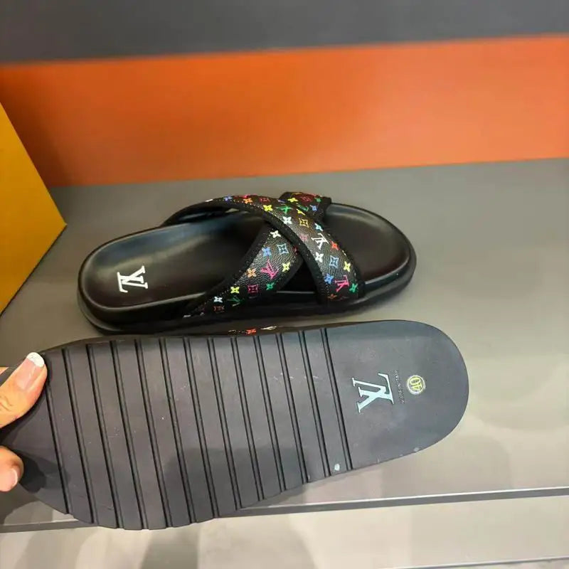 Louis Vuitton Men's Colorful Monogram Cross Strap Slide Sandals