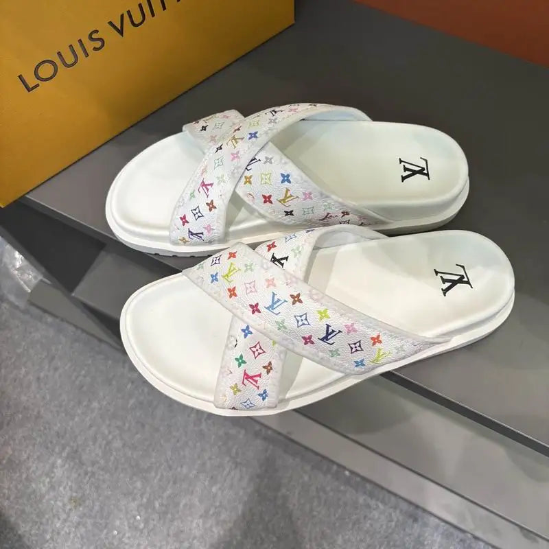 Louis Vuitton Men's Colorful Monogram Cross Strap Slide Sandals