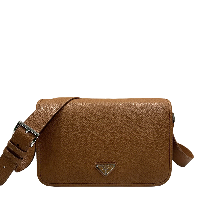 Prada Brown/Black/Gray Grained Leather Crossbody Bag With Signature Logo Plate 2VD075