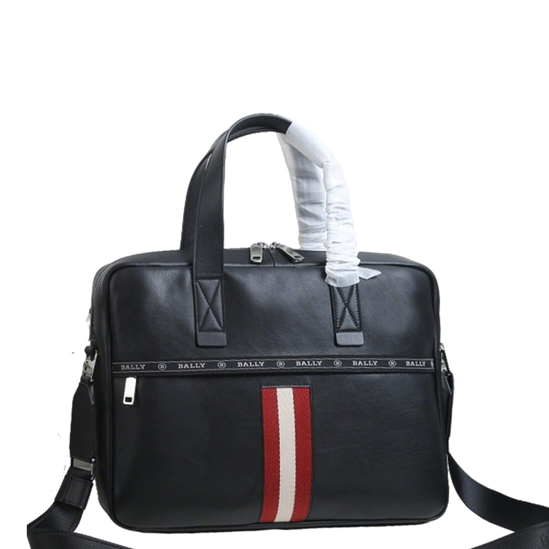Black Bally Leather Briefcase With Signature Striped Accent And Branded Details For Professional Use Style No.63808