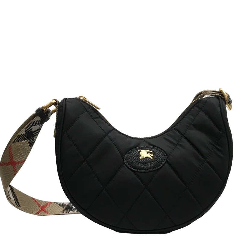 Stylish Black/Red Quilted Burberry Crescent Bag With Checkered Strap And Gold Logo Style No.235