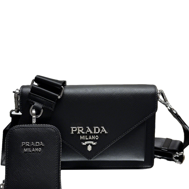 Prada Black Saffiano Leather Crossbody Bag With Detachable Pouch 1BP020
