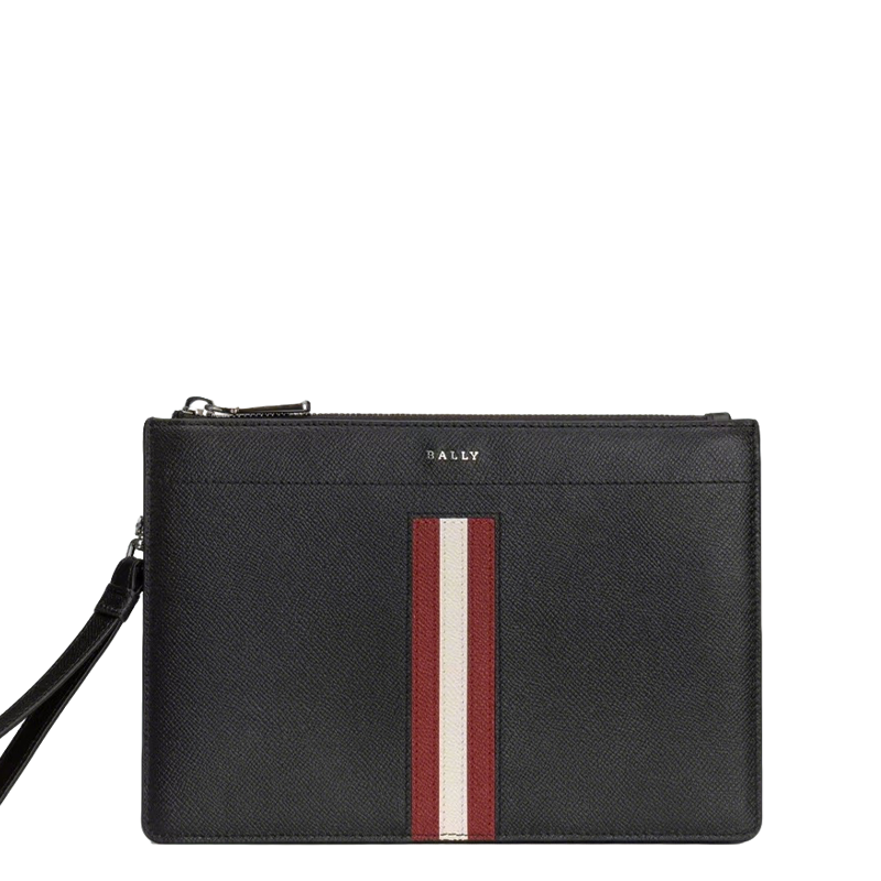 Black Bally Leather Clutch With Signature Striped Accent And Wrist Strap For Sophisticated Style No.1825