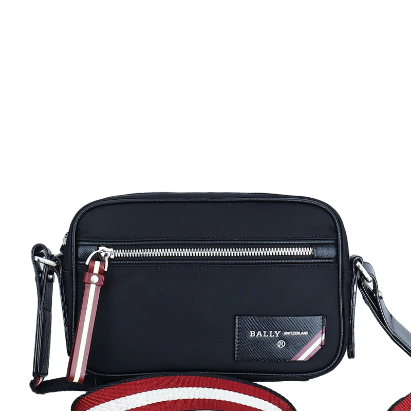 Black Bally Nylon Crossbody Bag With Striped Accent And Functional Zipper Pockets Style No.2114