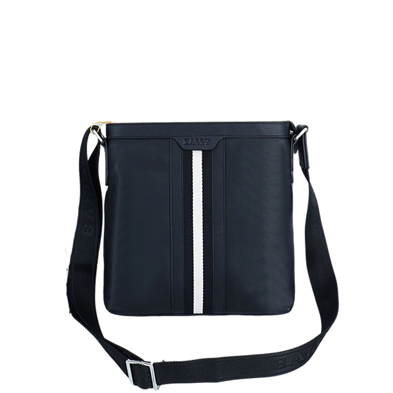 Black Bally Leather Crossbody Bag With Signature White Striped Accent And Adjustable Strap Style No.5855