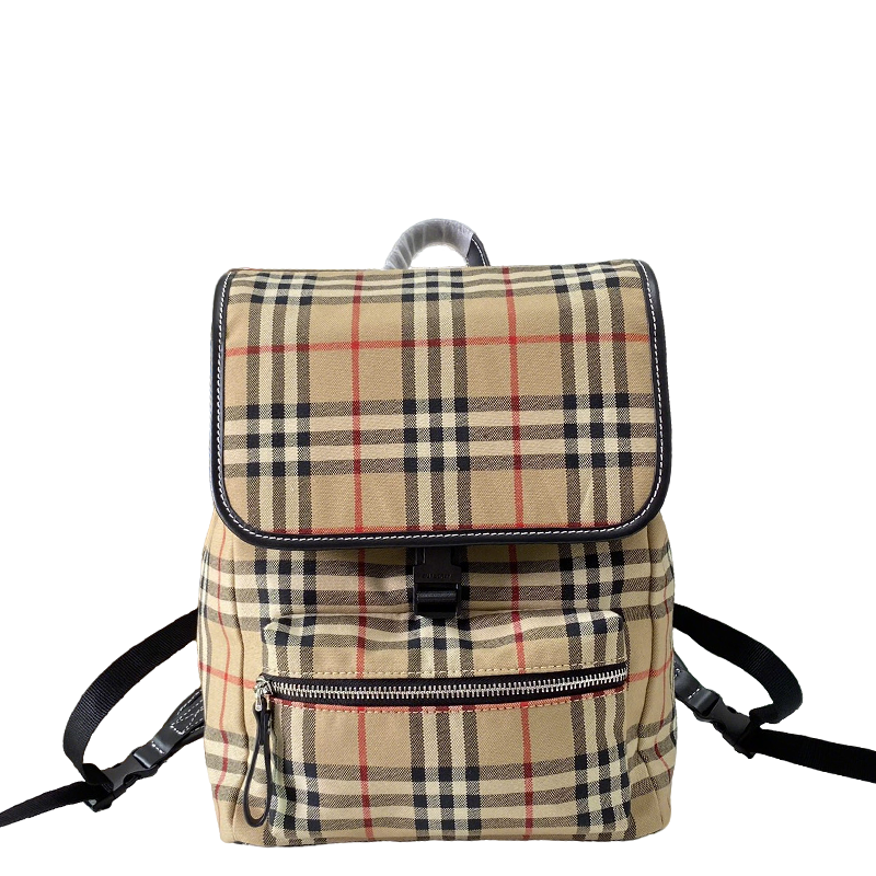 Classic Beige Checkered Burberry Backpack With Front Pocket And Adjustable Straps Style No.2432
