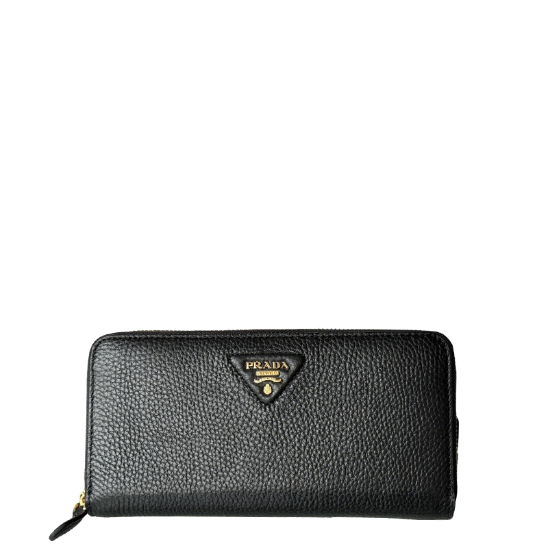 Prada Black Grained Leather Zip - Around Wallet With Gold Logo 1ML506