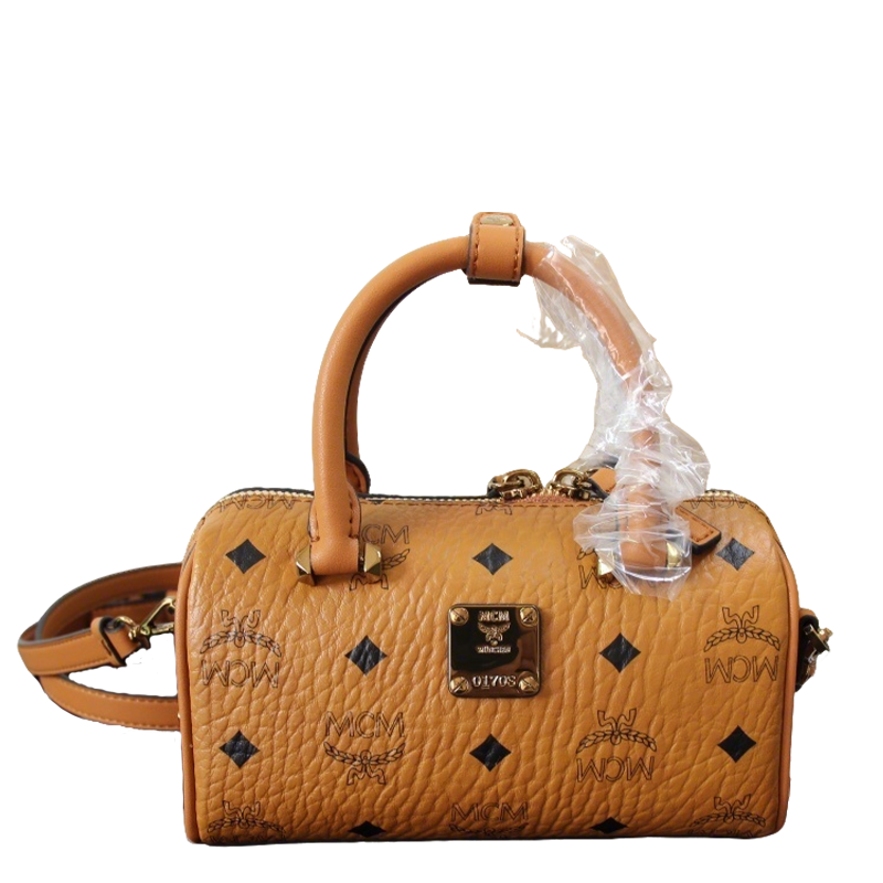 MCM Brown Visetos Coated Canvas Mini Boston Bag With Logo Plate 30199