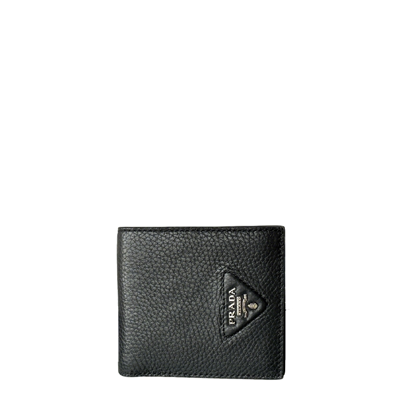 Prada Black Grained Leather Bi - Fold Wallet With Signature Logo 2M0513