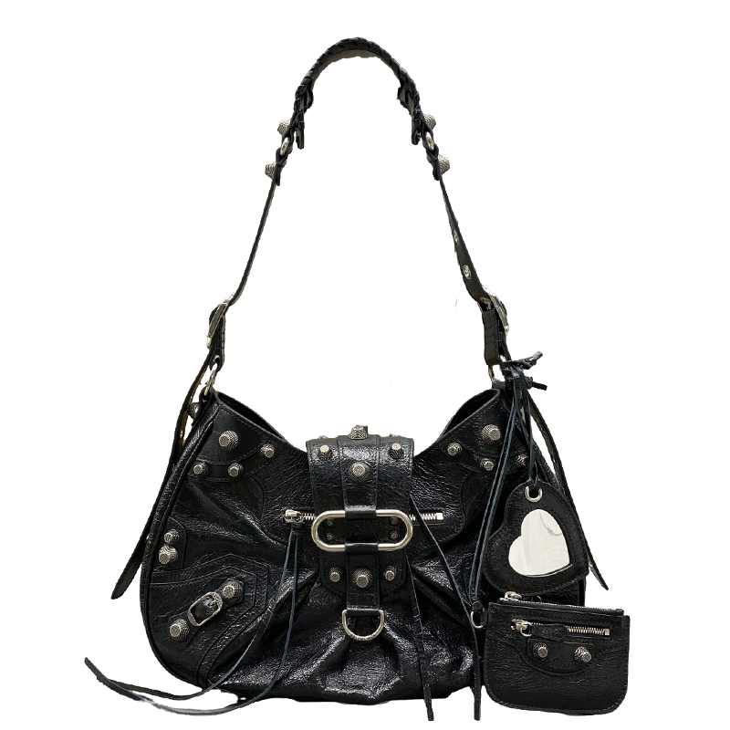 Black Balenciaga Studded Hobo Bag with Heart - Shaped Charm and Mini Pouch for Edgy Fashion Style No.3725