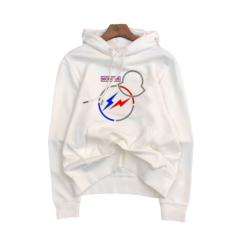Moncler White Hoodie With Mickey Mouse Lightning Bolt Graphic For Fashion Lovers
