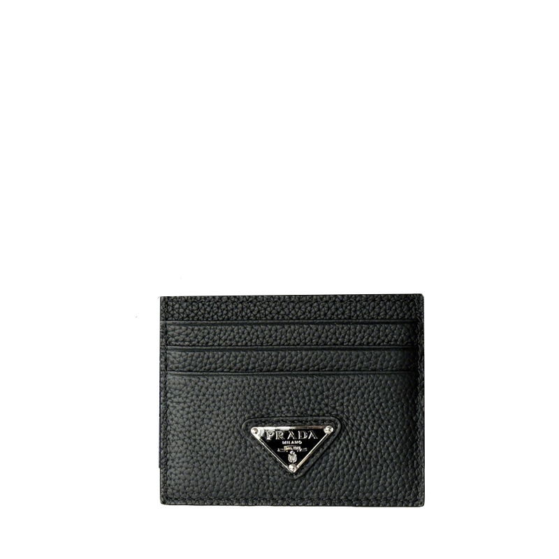 Prada Black Grained Leather Card Holder With Iconic Logo Plate 1MC025