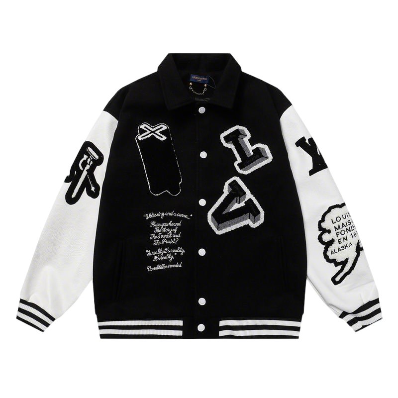 Louis Vuitton Black And White Varsity Jacket With Patches And Embroidery