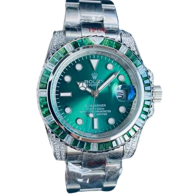Elegant Rolex Submariner Watch With Green Dial And Gem - Encrusted Bezel