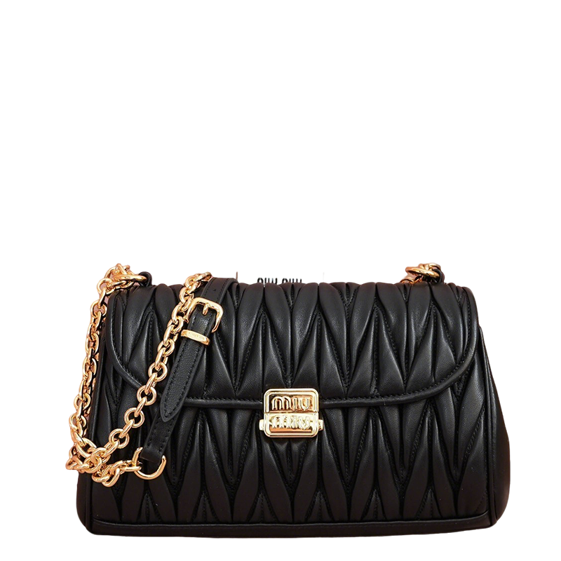 Miu Miu Black Quilted Leather Crossbody Bag With Gold Chain Strap 5BD266