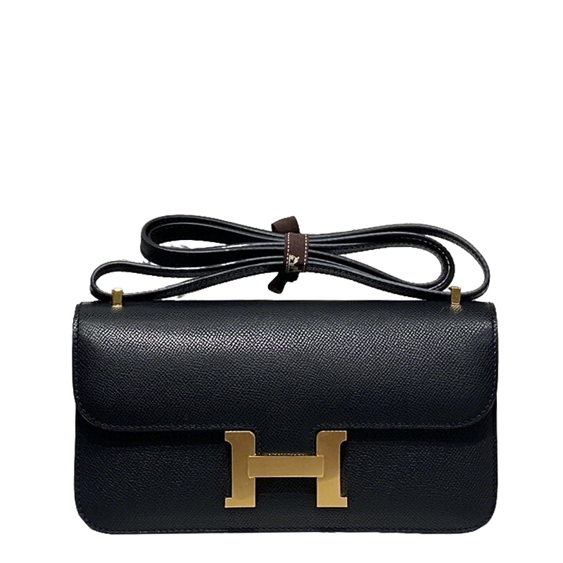 Sophisticated Hermès - Style Black Leather Crossbody Bag with Gold H Buckle p66
